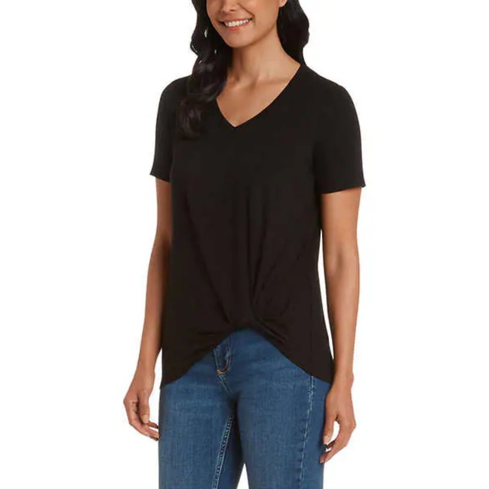 NWT Matty M Women V-Neck Twist Knot Tee Pure Black Fashion Tee Size S $45 AA161